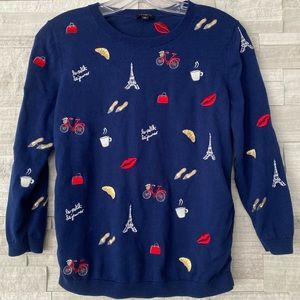 Talbots Le Petit Dejeunar Parisian Croissant Novelty Print Sweater